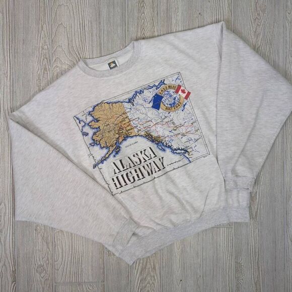 Vintage 90s Cotton Deluxe Fleece Alaskan Highway Pullover Sweater USA Size XL - Picture 1 of 6